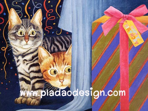 กระดาษสาพิมพ์ลาย สำหรับทำงาน เดคูพาจ Decoupage แนวภาพ 2 น้องแมวทำตาโต อยากรู้ว่ามีอะไรในกล่องของขวัญ