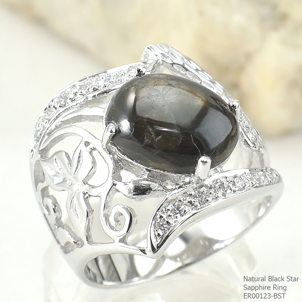 SKJewelryfactory แหวนเงินแท้ 92.5% ฝังพลอยสตาร์แซฟไฟร์แท้ สไตล์หรูหรา ER00123-BST