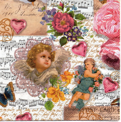 แนวภาพกามเทพ วินเทจ Cupid บนโน้ตเพลง เป็นภาพครึ่งแผ่น กระดาษแนพกิ้นสำหรับทำงาน เดคูพาจ Decoupage Paper Napkins ขนาด 33X33cm