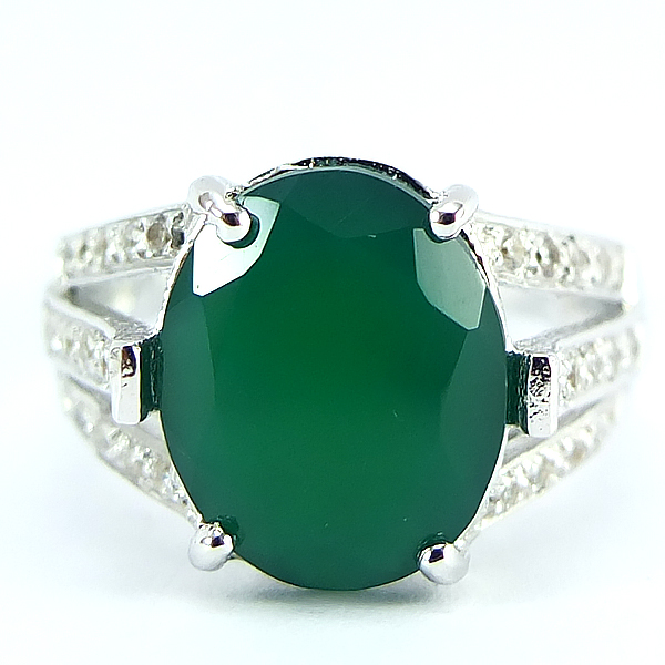 SKJewelryFactory แหวนพลอยแท้ สีเขียวเม็ดใหญ่ แหวนเงินแท้ 92.5% ฝังพลอยกรีนอะเกทแท้ ER02151-GAG