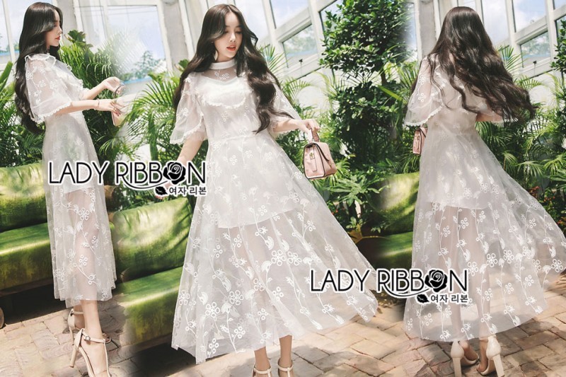 ชุดเดรสลูกไม้ พร้อมส่ง เดรสผ้าลูกไม้ สีขาวทรงคอสูง