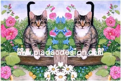 กระดาษเดคูพาจพิมพ์ลาย สำหรับทำงาน เดคูพาจ Decoupage งานฝีมือ งาน Handmade แนวภาพ 2 น้องแมวฝาแฝดตาแบ๊วเดินเล่นในสวนดอกไม้สีสด (ปลาดาว ดีไซน์)