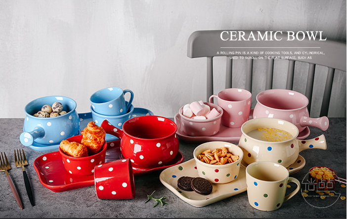 Pre-Order ชามทรงหม้อ ชามมาม่า ซุป ก๋วยเตี๋ยว พร้อมถาดรอง ใส่ขนมได้ ลายจุด Polka Dot น่ารักๆ มีให้เลือก 6 สี