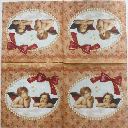 แนวภาพกามเทพ cupid สองคิวปิด บนผ้าลูกไม้ เป็นภาพบล็อค 4 กระดาษแนพกิ้นสำหรับทำงาน เดคูพาจ Decoupage Paper Napkins ขนาด 33X33cm