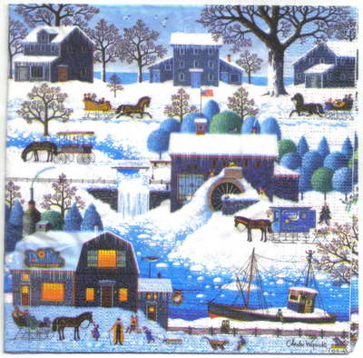 แนวภาพวินเทจ เมืองหิมะ หน้าหนาว กลางคืน Winter เป็นภาพครึ่งแผ่น กระดาษแนพกิ้นสำหรับทำงาน เดคูพาจ Decoupage Paper Napkins ขนาด 33X33cm