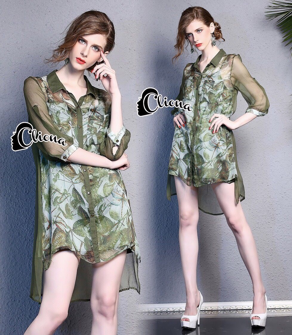 พร้อมส่ง เดรสเชิ้ตเพ้นใบไม้ทังตัวสีเขียว