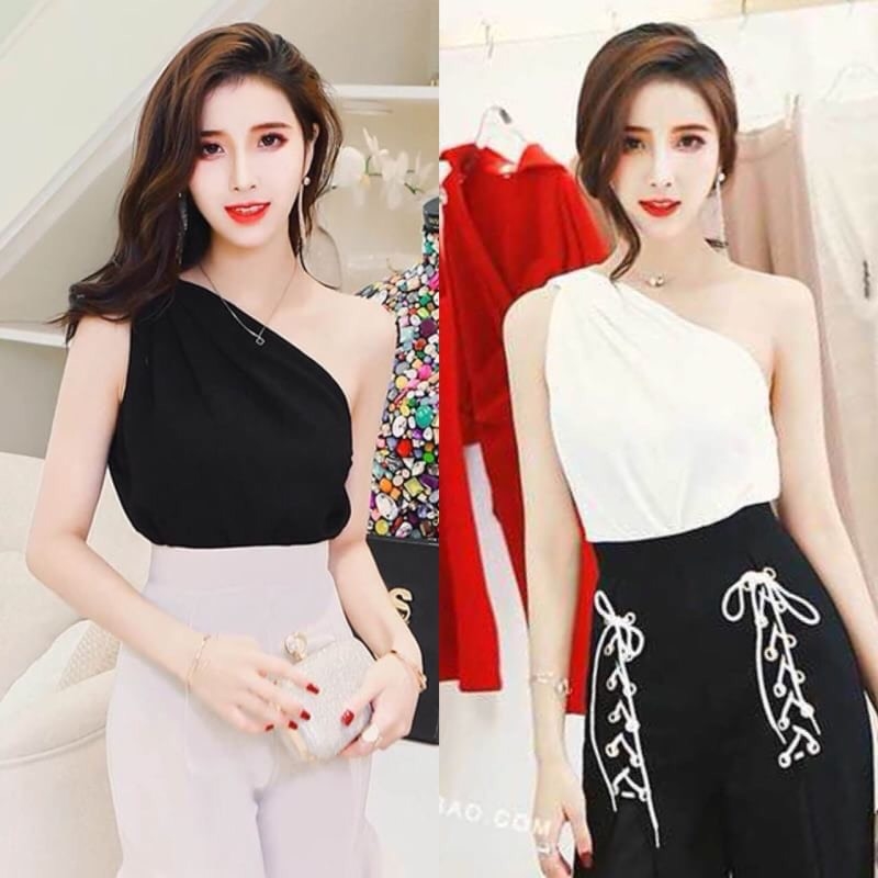 เสื้อแฟชั่น พร้อมส่ง เสื้อไหล่เดียว จับเดรปที่ไหล่