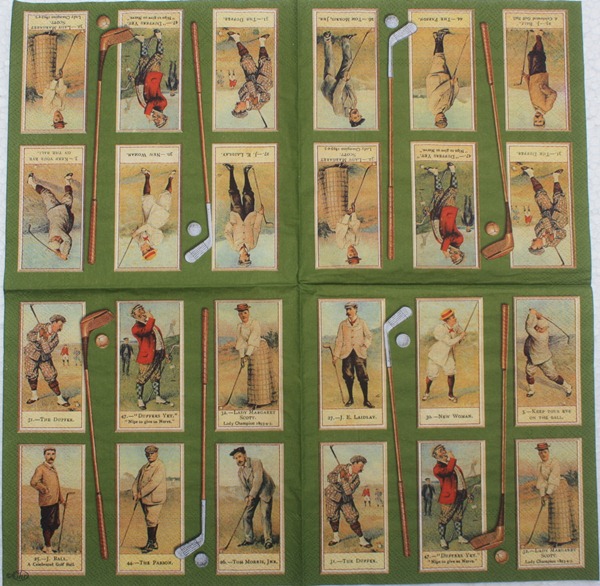 แนวภาพศิลปะ ภาพนักเล่นกอฟล์สมัยโบราณ ในกรอบ 6 รูป พร้อมลายแต่ง ภาพโทนสีเขียว เป็นภาพ 4 บล๊อค กระดาษแนพกิ้นสำหรับทำงาน เดคูพาจ Decoupage Paper Napkins ขนาด 33X33cm