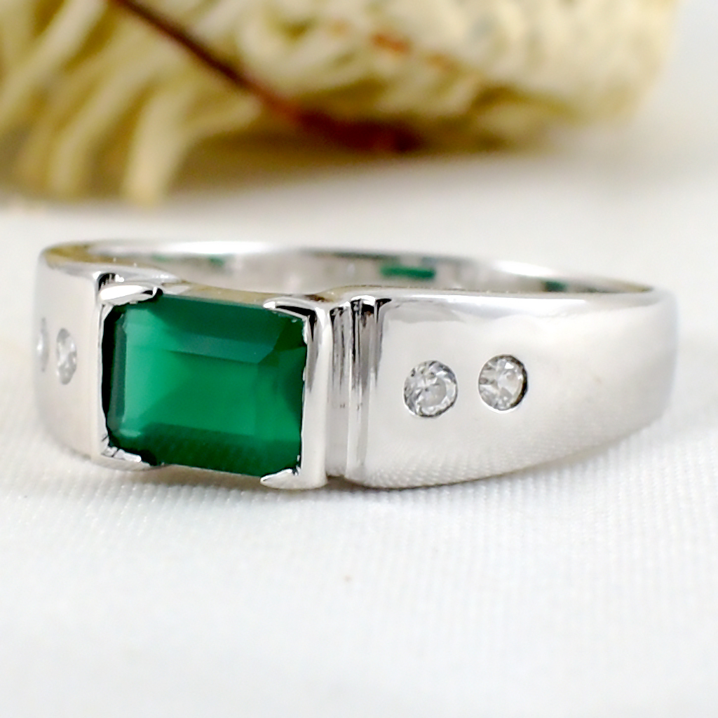 SKJewelryFactory แหวนพลอยเหลี่ยม แหวนเงินแท้ 92.5% ฝังพลอยกรีนอะเกทแท้ ER02351-GAG