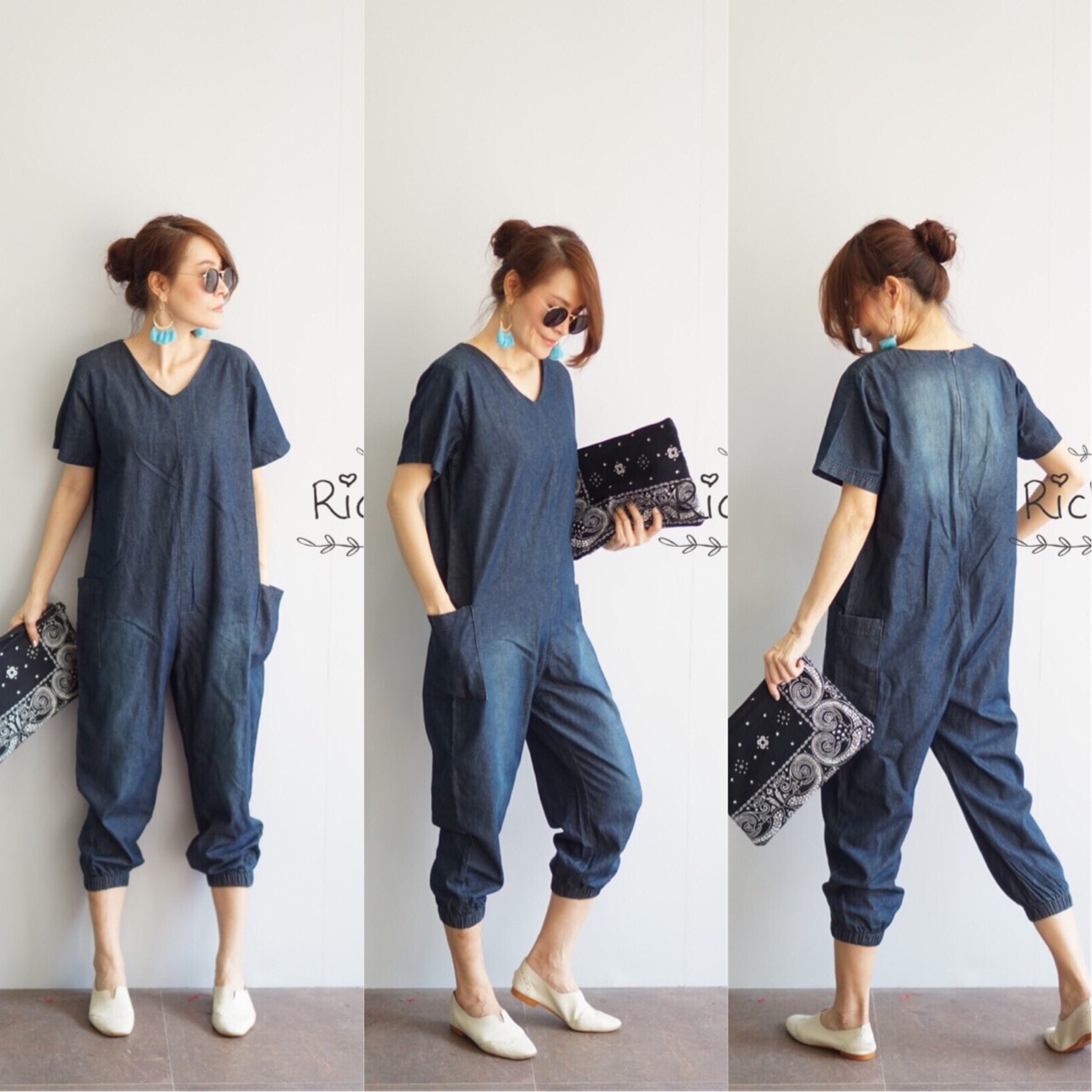 เสื้อผ้าเกาหลี พร้อมส่ง จัมสูท ยีนส์ คอv ซิปหลัง