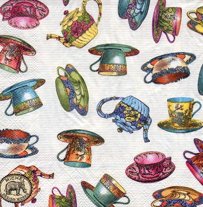 แนวภาพวินเทจ ชุดน้ำชา สีหวาน Tea Cup เป็นภาพกระจายเต็มแผ่น กระดาษแนพกิ้นสำหรับทำงาน เดคูพาจ Decoupage Paper Napkins ขนาด 33X33cm