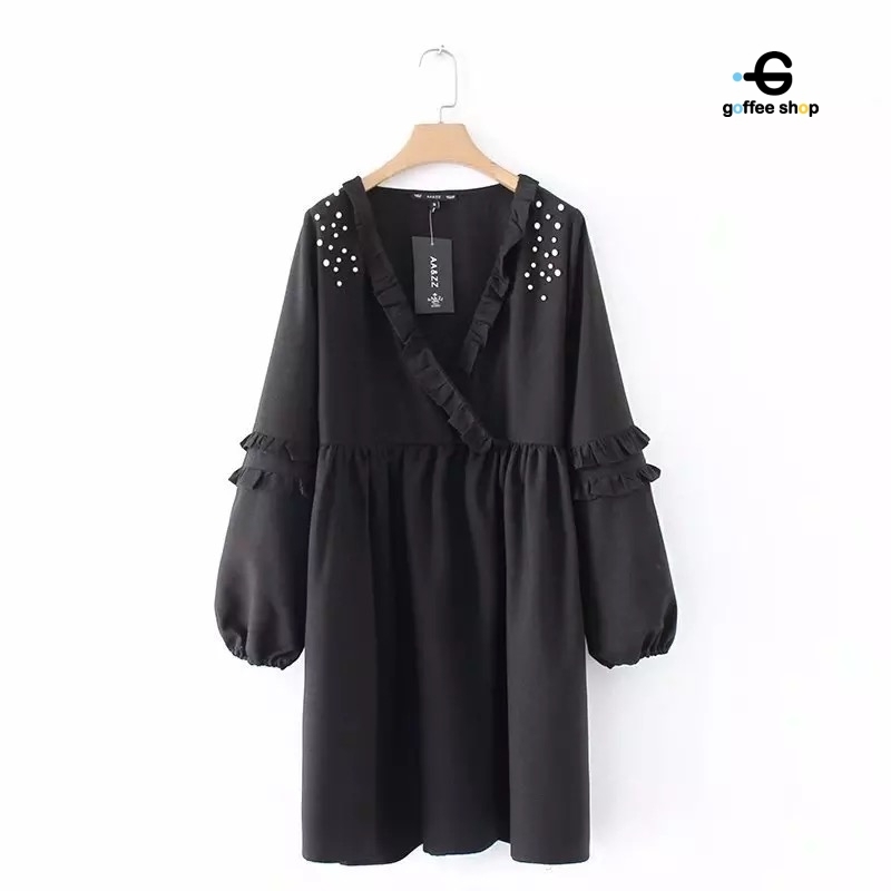 เดรสเกาหลี พร้อมส่ง Dress อกไขว้ แขนยาวทรงบอลลูน