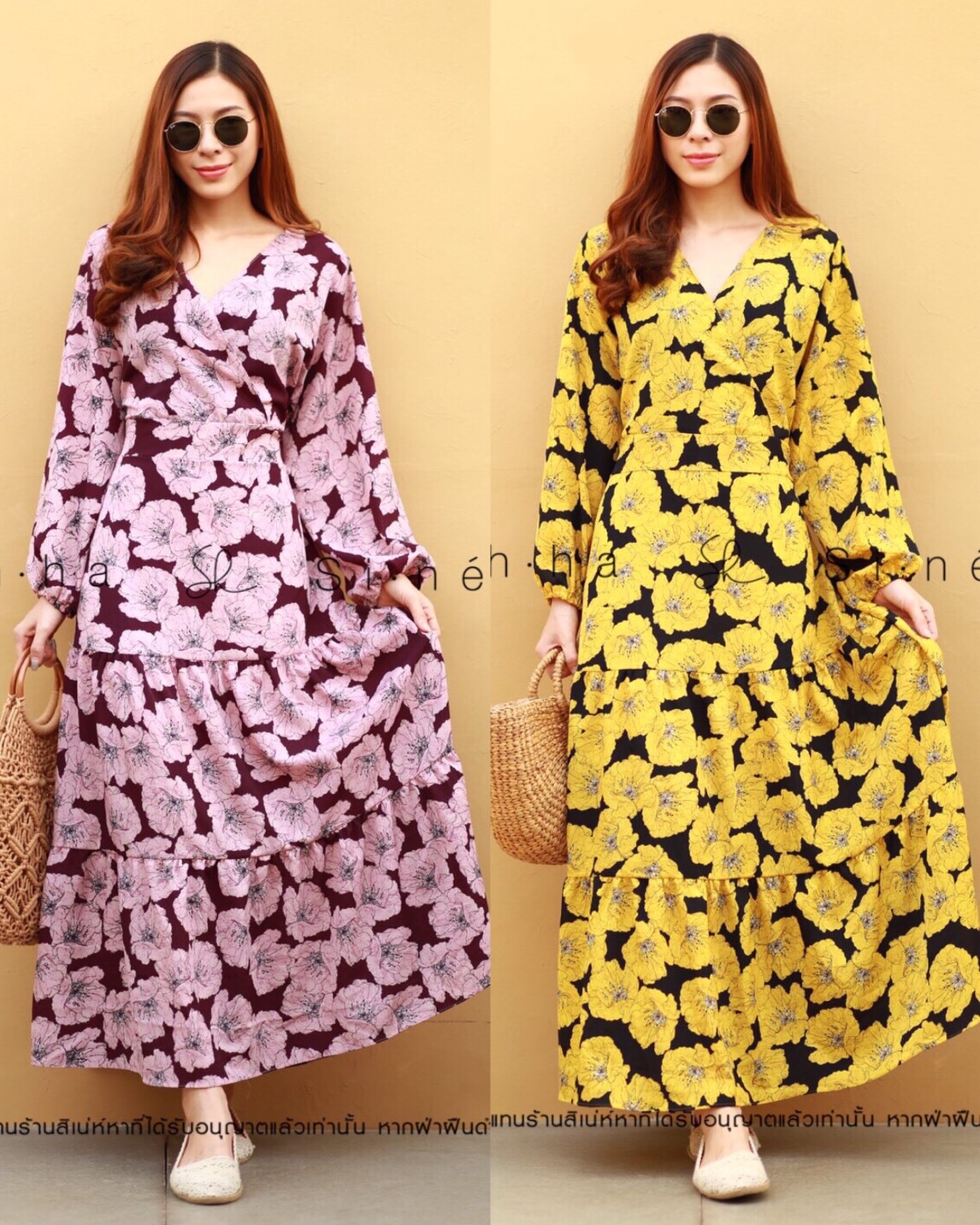 ชุดเดรสแฟชั่น พร้อมส่ง Maxi dress ปริ้นลายดอกใหญ่