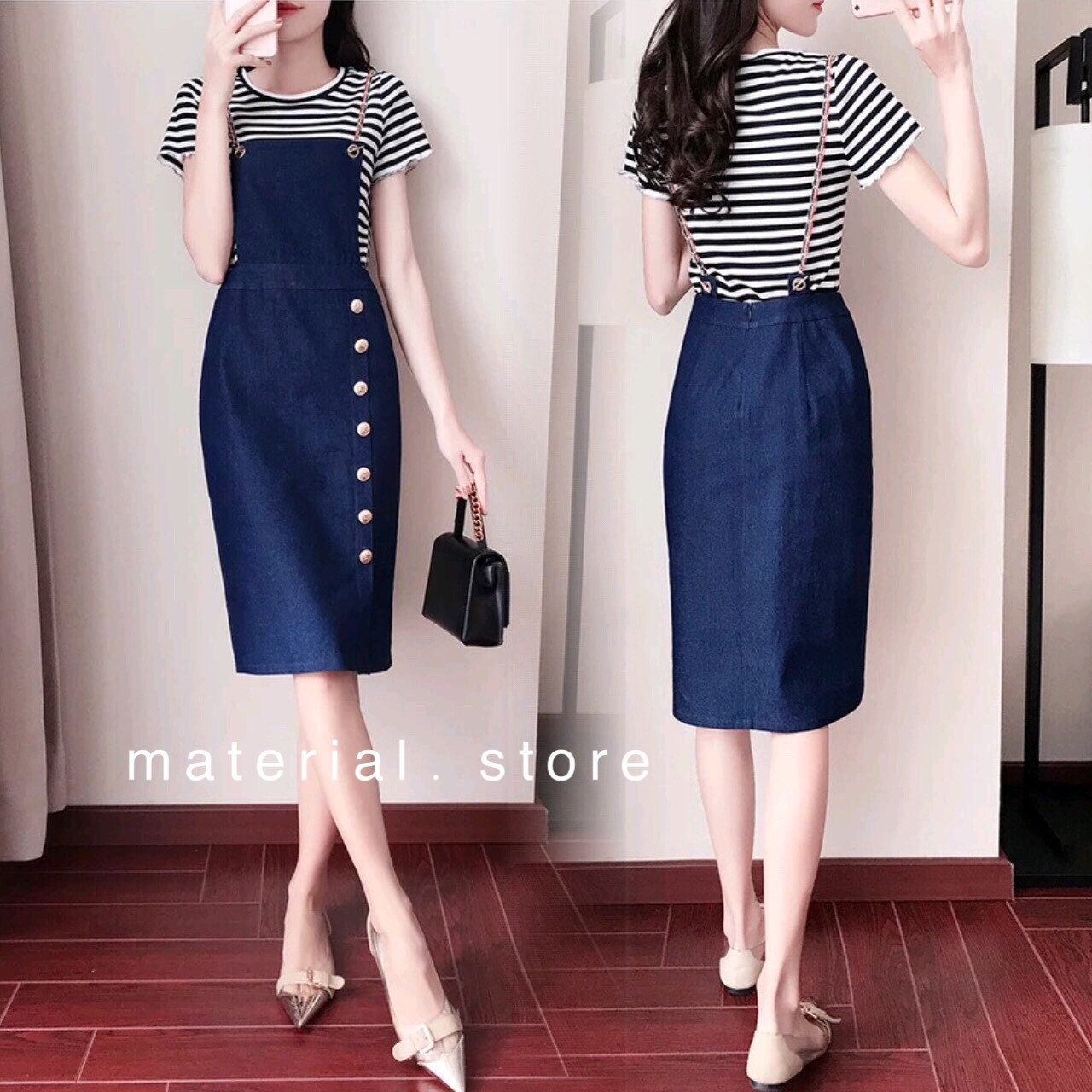 เสื้อผ้าเกาหลี พร้อมส่ง เอี๊ยมกระโปรงทรงสอบผ้ายีนส์