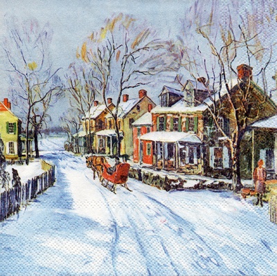 แนวภาพทิวทรรศน์ Sleigh in Winter Town ภาพบล็อค 4 กระดาษแนพกิ้นสำหรับทำงาน เดคูพาจ Decoupage Paper Napkins ขนาด 33X33cm