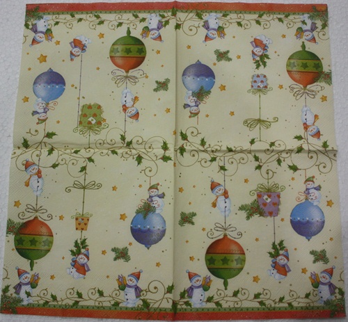 แนวภาพ คริสต์มาส Snowman กับของขวัญ Christmas ตุ๊กตาหิมะ เป็นภาพแนวยาว กระดาษแนพกิ้นสำหรับทำงาน เดคูพาจ Decoupage Paper Napkins ขนาด 33X33cm