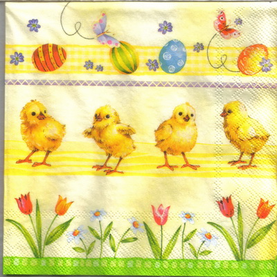 แนวภาพเทศกาล Easter ลูกเจี๊ยบ กับไข่ อีสเตอร์ เป็นภาพครึ่งแผ่น กระดาษแนพกิ้นสำหรับทำงาน เดคูพาจ Decoupage Paper Napkins ขนาด 33X33cm