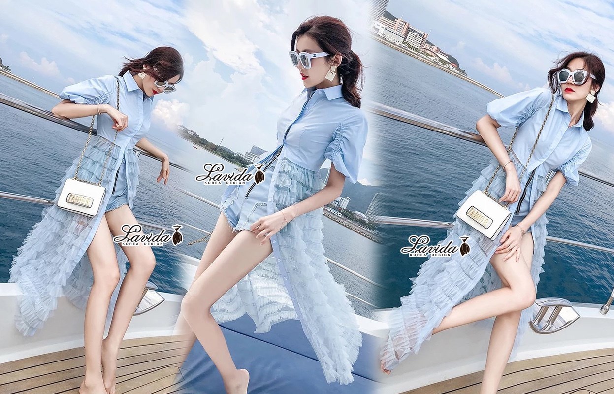 เสื้อเกาหลี พร้อมส่ง เสื้อผ้าcotton100% โทนสีฟ้า