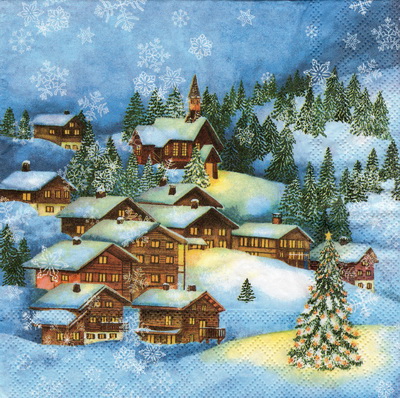 แนวภาพคริสต์มาส Christmas Town White Winter Night เป็นภาพแนวยาว กระดาษแนพกิ้นสำหรับทำงาน เดคูพาจ Decoupage Paper Napkins ขนาด 33X33cm