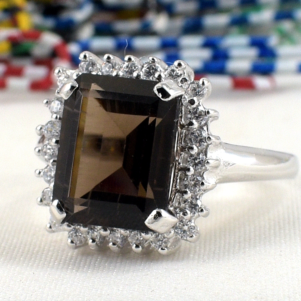 SKJewelryFactory แหวนเงินแท้ 92.5% แหวนพลอยหน้าสี่เหลี่ยม พลอยสโมกกี้ควอทซ์แท้ ER01140-SMQ