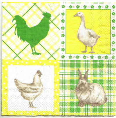 แนวภาพสัตว์ ไก่เป็ดกระต่าย ในกรอบลายเล็ก ภาพโทนสีเหลือง เป็นภาพ 4 บล๊อค กระดาษแนพกิ้นสำหรับทำงาน เดคูพาจ Decoupage Paper Napkins ขนาด 33X33cm
