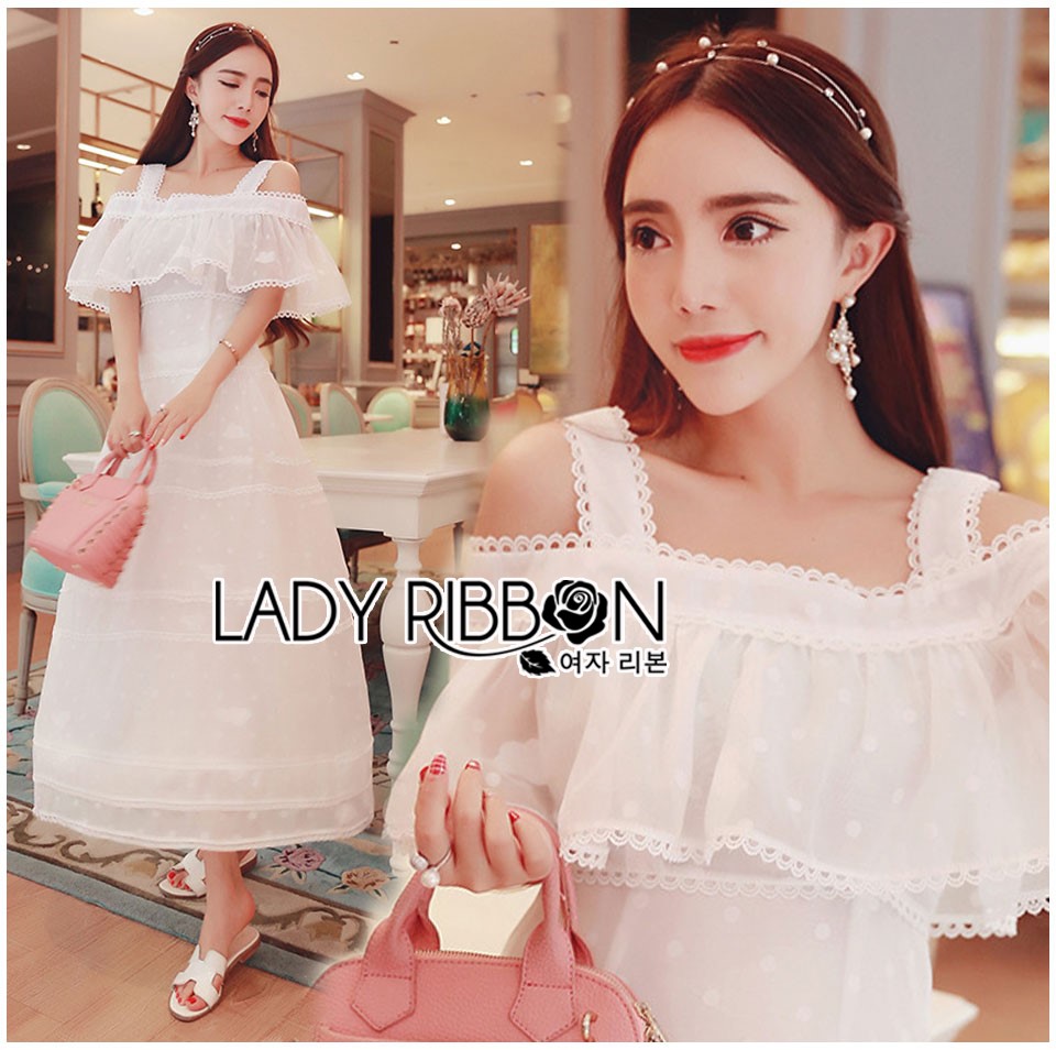 ชุดเดรสเกาหลี พร้อมส่ง เดรสยาว เปิดไหล่ผ้าคอตตอนผสมซิลค์