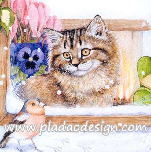 กระดาษสาพิมพ์ลาย สำหรับทำงาน เดคูพาจ Decoupage แนวภาพ แมวลายก้างปลาขนทอง นั่งมองนก น่ารักมากกกกกกกกกกกกกก