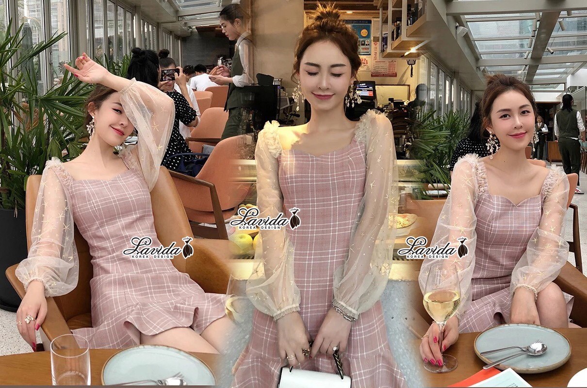 เดรสเกาหลี พร้อมส่ง มินิเดรส ทอลายสก็อต