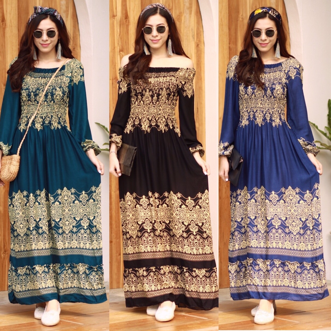 ชุดเดรสเกาหลี พร้อมส่ง Maxi ปริ้นลายแต่งเชิงชาย