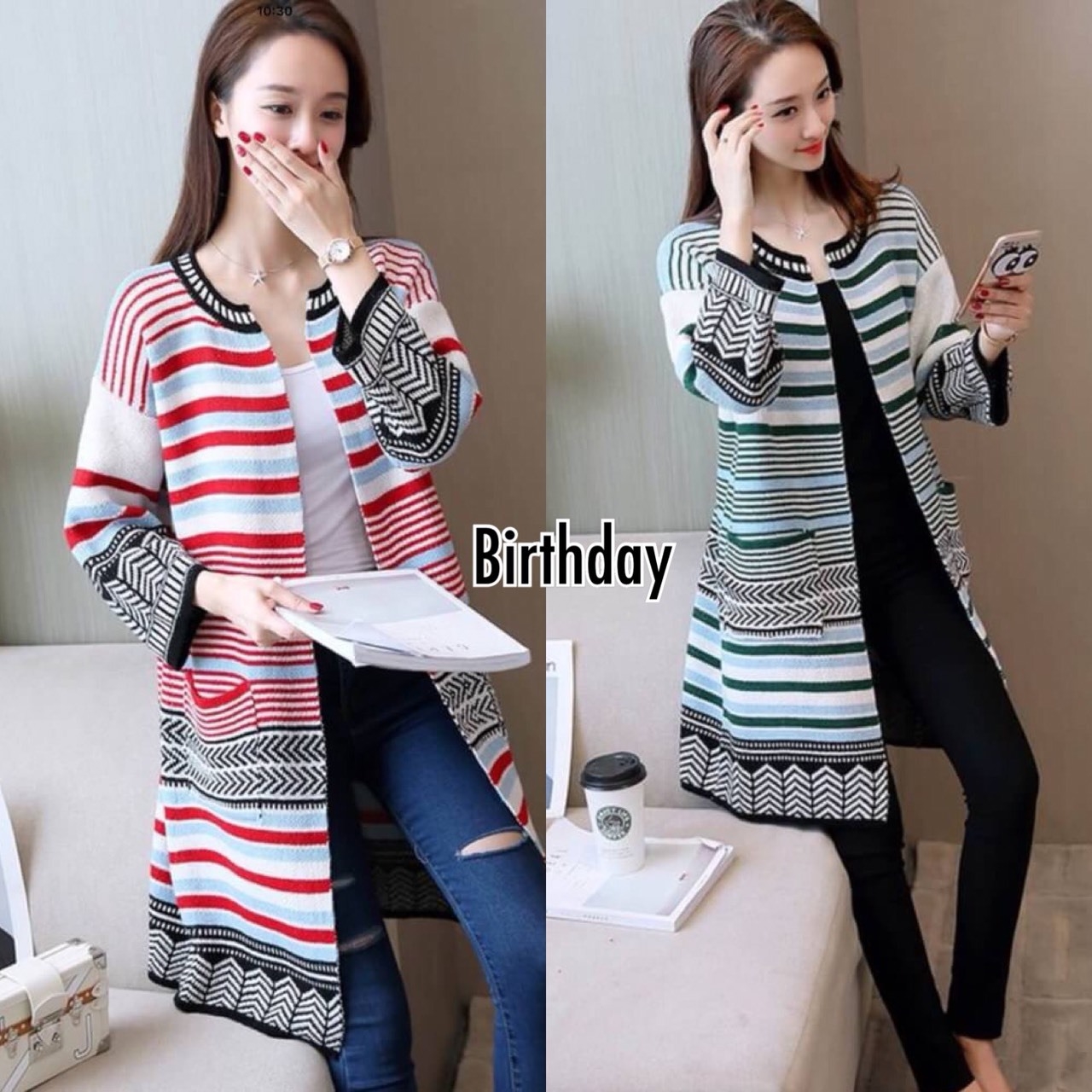 เสื้อเกาหลี พร้อมส่ง เสื้อคลุมไหมพรมตัวยาว