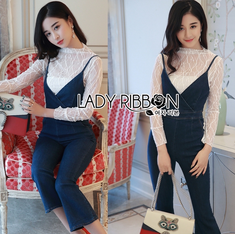 เสื้อผ้าเกาหลี พร้อมส่ง จัมป์สูท ผ้าเดนิมสายเดี่ยว