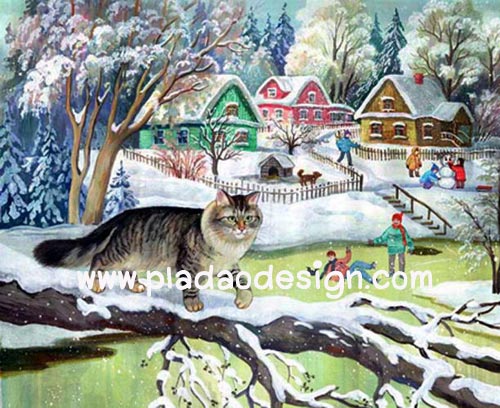 กระดาษสาพิมพ์ลาย สำหรับทำงาน เดคูพาจ Decoupage แนวภาพ แมวขนฟูพองขน รับฤดูหนาวหิมะตกทั่วเมือง