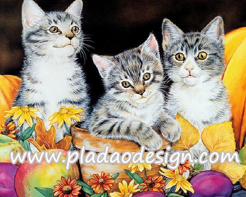 กระดาษสาพิมพ์ลาย สำหรับทำงาน เดคูพาจ Decoupage แนวภาำพ ลูกแมวน้อย 3 ตัว นั่งเล่นในกระถางไว้ปลูกต้นไม้