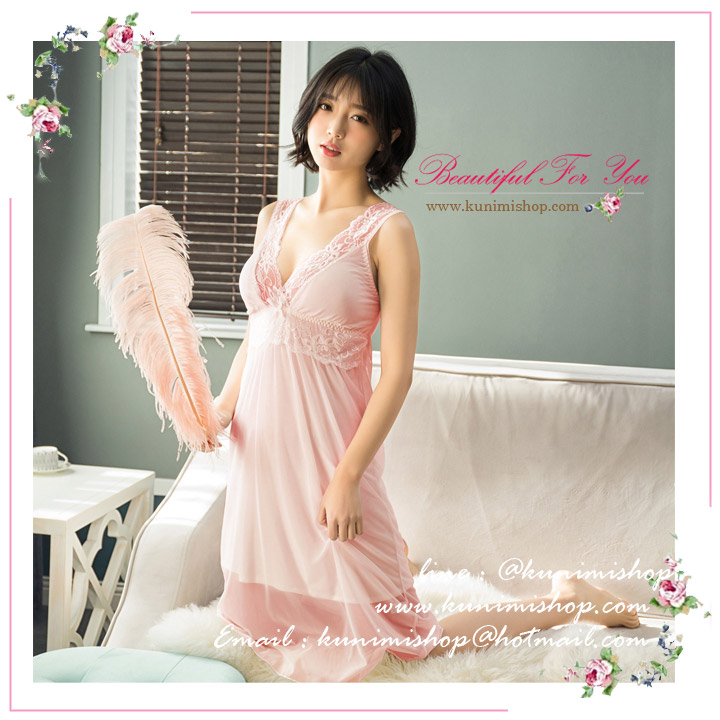 SP075 ชุดนอนกระโปรงยาว ประดับด้วยผ้าลูกไม้ สวยหวาน มี 2 สี สีขาว สีชมพู