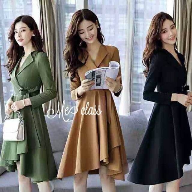 เดรสเกาหลี พร้อมส่ง เดรส แขนยาว ผูกเอวด้านข้าง