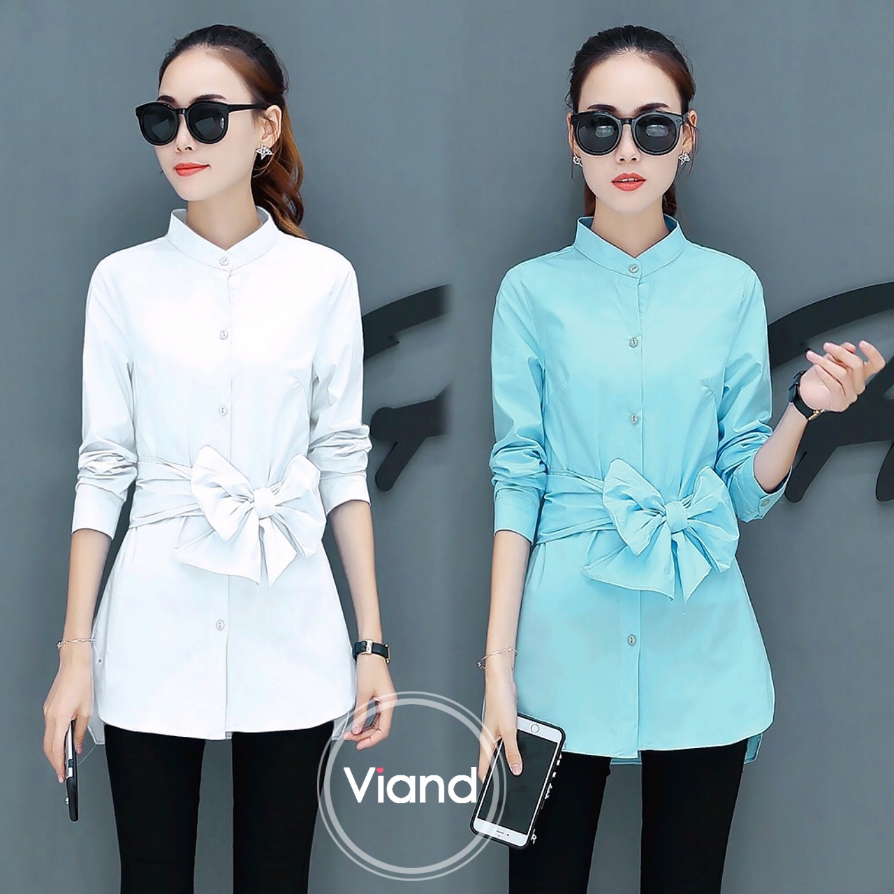 เสื้อเกาหลี พร้อมส่ง เสื้อตัวยาว มีผ้าผูกโบว์