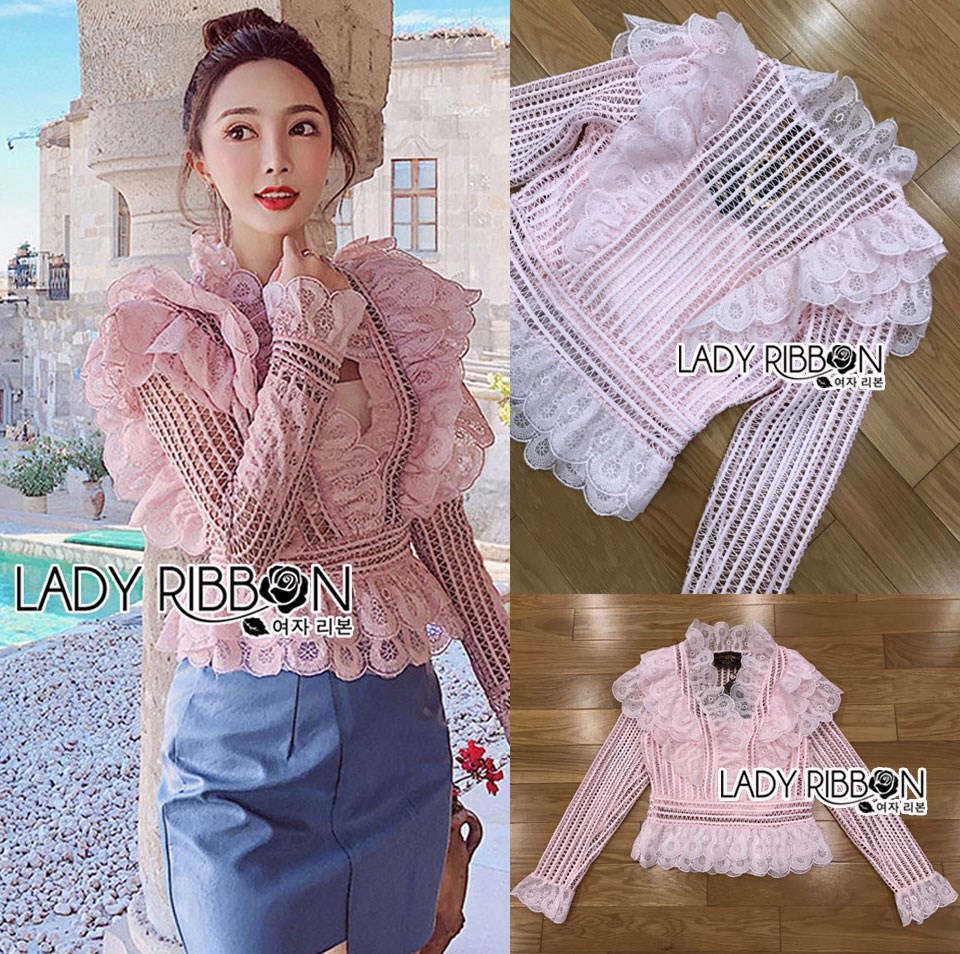 เสื้อผ้าลูกไม้ พร้อมส่ง เสื้อสีชมพู ทรงคอลึก ระบายเลเยอร์