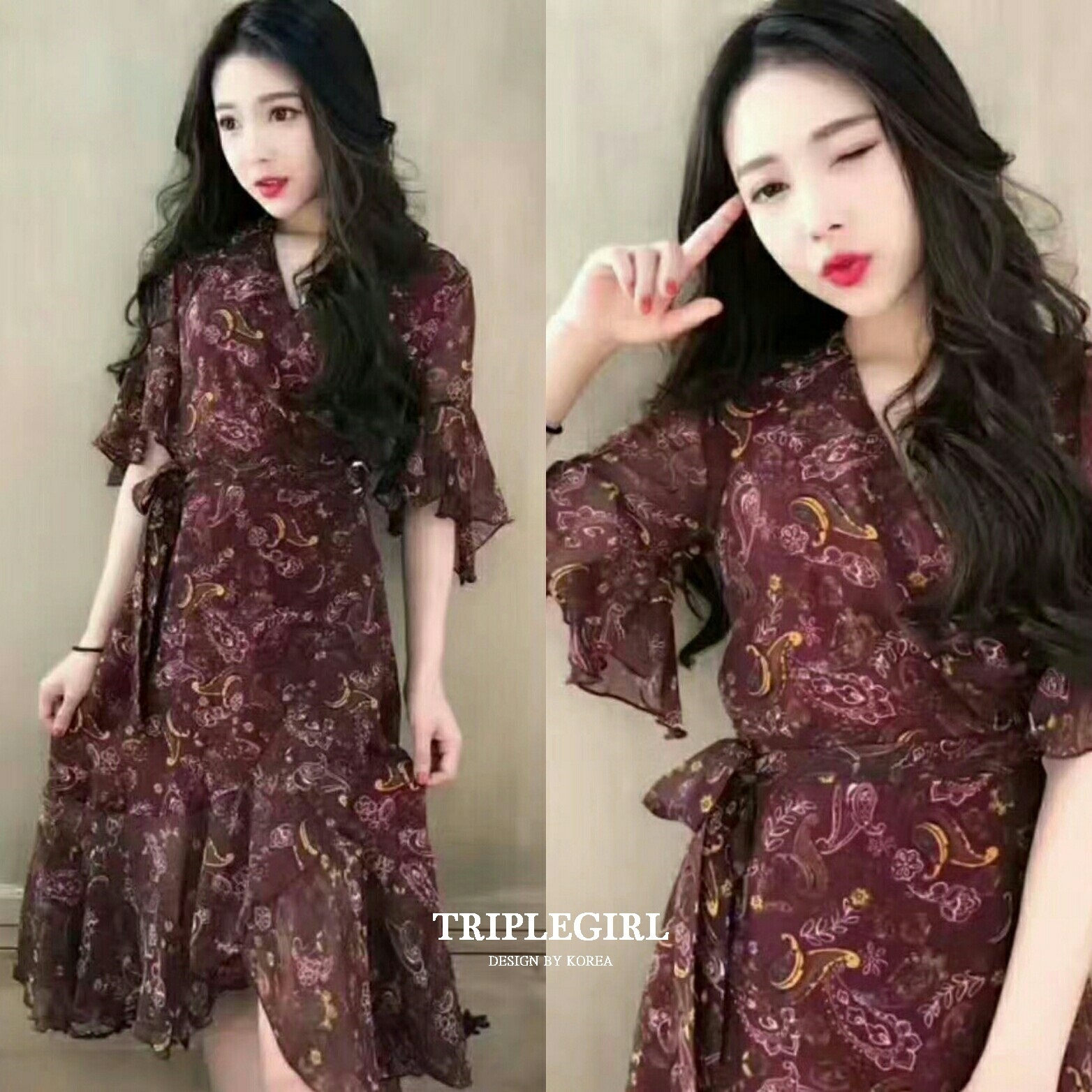 ชุดเดรสเกาหลี พร้อมส่ง ชุดเดรส ทรงป้ายหน้าไขว้อก