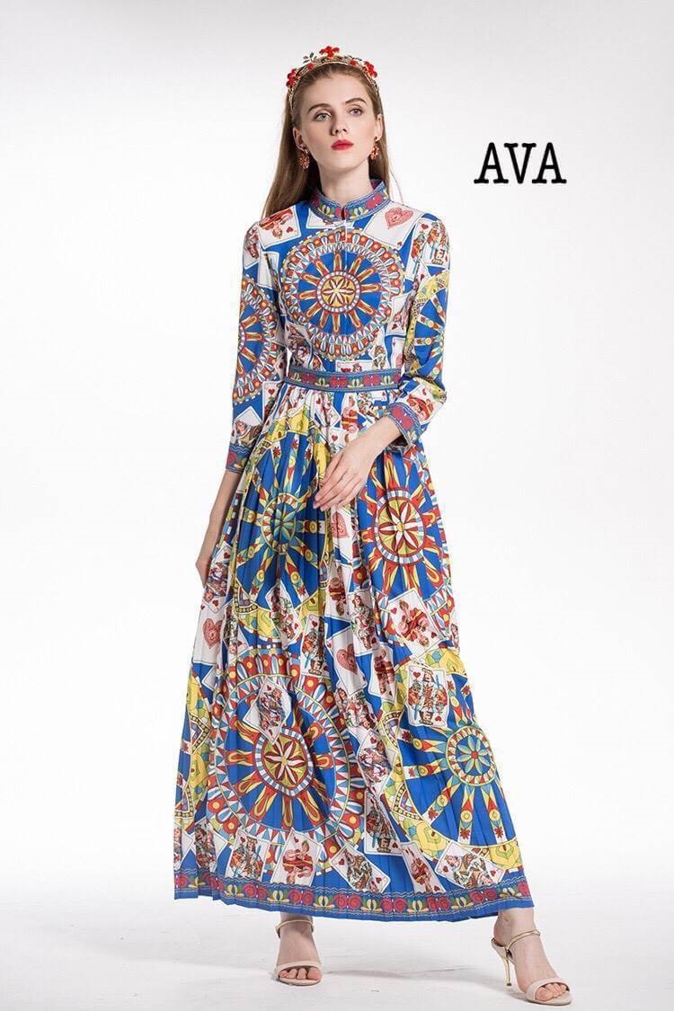ชุดเดรสเกาหลี พร้อมส่ง แม็กซี่เดรส เนื้อผ้าปริ้นท์ลวดลาย