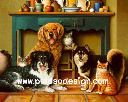 กระดาษสาพิมพ์ลาย สำหรับทำงาน เดคูพาจ Decoupage แนวภาพ น้องแมว 3 มากะพี่หมา 3 นั่งรวมตัวกันใต้โต๊ะเครื่องดื่ม