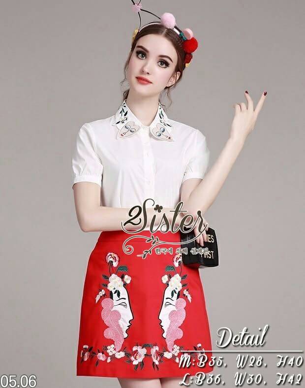 พร้อมส่ง เสื้อคอปกกับกระโปรงสั้นทรงเอ