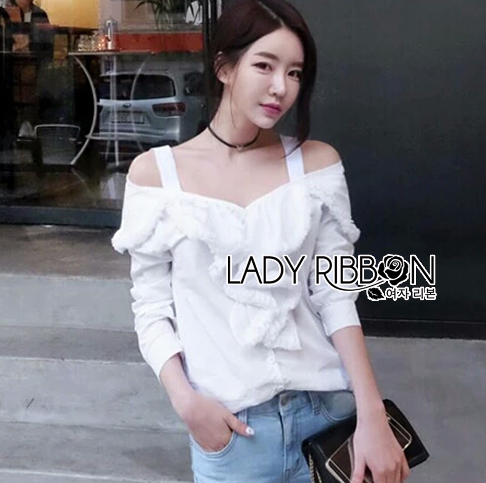 พร้อมส่ง เสื้อแฟชั่นเปิดไหล่ประดับระบาย