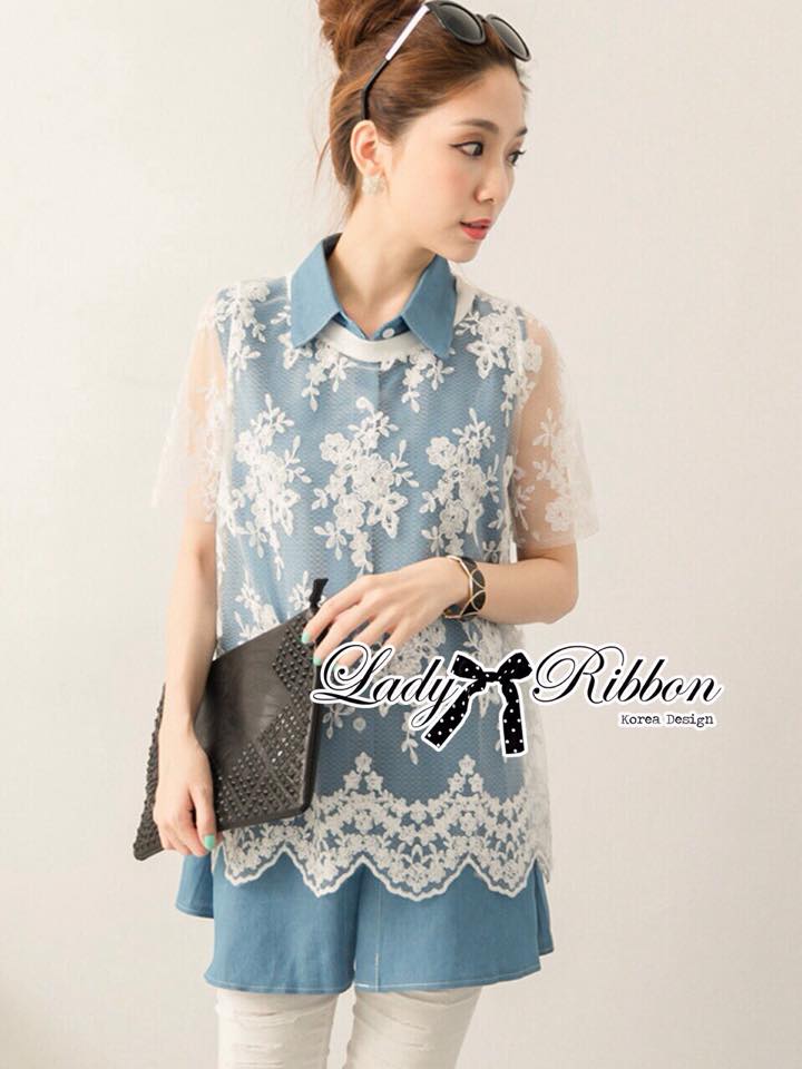 พร้อมส่ง เชิ้ตเดรสผ้าคอตตอนประดับผ้าลูกไม้ เสื้อผ้าแฟชั่น