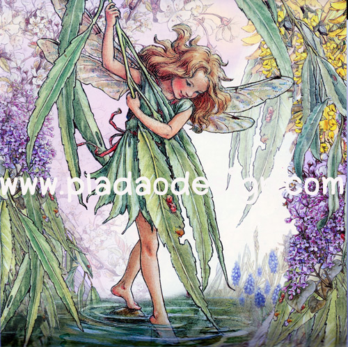 กระดาษสาพิมพ์ลาย สำหรับทำงาน เดคูพาจ Decoupage แนวภาำพ ภาพวาด Fairy Story นางฟ้าผมบลอนด์โหนใบไม้ลงมาเล่นน้ำในลำธาร (ปลาดาวดีไซน์)
