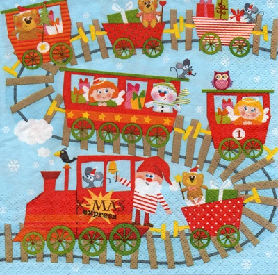แนวภาพเทศกาล X-Mas Express แซนต้า นางฟ้า snowman บนขบวนรถไฟของขวัญ ในคืนวันคริสมาสต์ บนพื้นสีฟ้า เป็นภาพ 4 บล๊อค กระดาษแนพกิ้นสำหรับทำงาน เดคูพาจ Decoupage Paper Napkins ขนาด 33X33cm