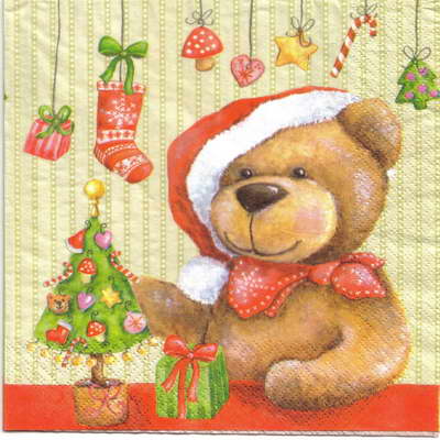 แนวภาพคริสต์มาส หมีซานต้า แต่งต้น Christmas เป็นภาพบล็อค 4 กระดาษแนพกิ้นสำหรับทำงาน เดคูพาจ Decoupage Paper Napkins ขนาด 33X33cm