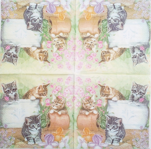 แนวภาพสัตว์ ลูกแมวล้มกะถางดอกไม้ Kitten วินเทจ เป็นภาพบล็อค 4 กระดาษแนพกิ้นสำหรับทำงาน เดคูพาจ Decoupage Paper Napkins ขนาด 33X33cm