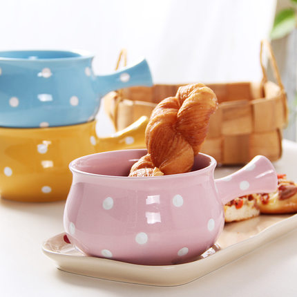 Pre-Order ชามทรงหม้อ ชามมาม่า ซุป ก๋วยเตี๋ยว พร้อมถาดรอง ใส่ขนมได้ ลายจุด Polka Dot น่ารักๆ มีให้เลือก 6 สี