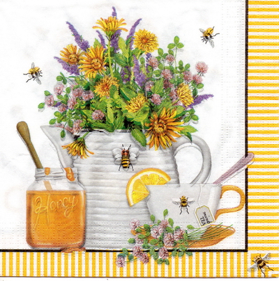 แนวภาพสวน ดอกไม้ในแจกัน กับน้ำผึ้ง Honey Lemon เป็นภาพบล็อค 4 กระดาษแนพกิ้นสำหรับทำงาน เดคูพาจ Decoupage Paper Napkins ขนาด 33X33cm