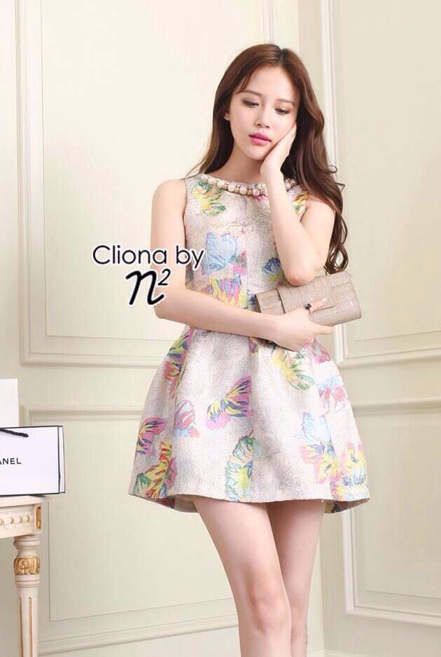 พร้อมส่ง Mini Dress สีทอง ทรงแขนกุด แต่งมุก